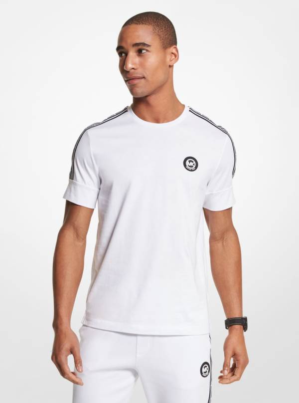 Panske Tricko Michael Kors Logo Tape Cotton Jersey Biele - Oblecenie Michael Kors Sleva | YCXVJ-5364